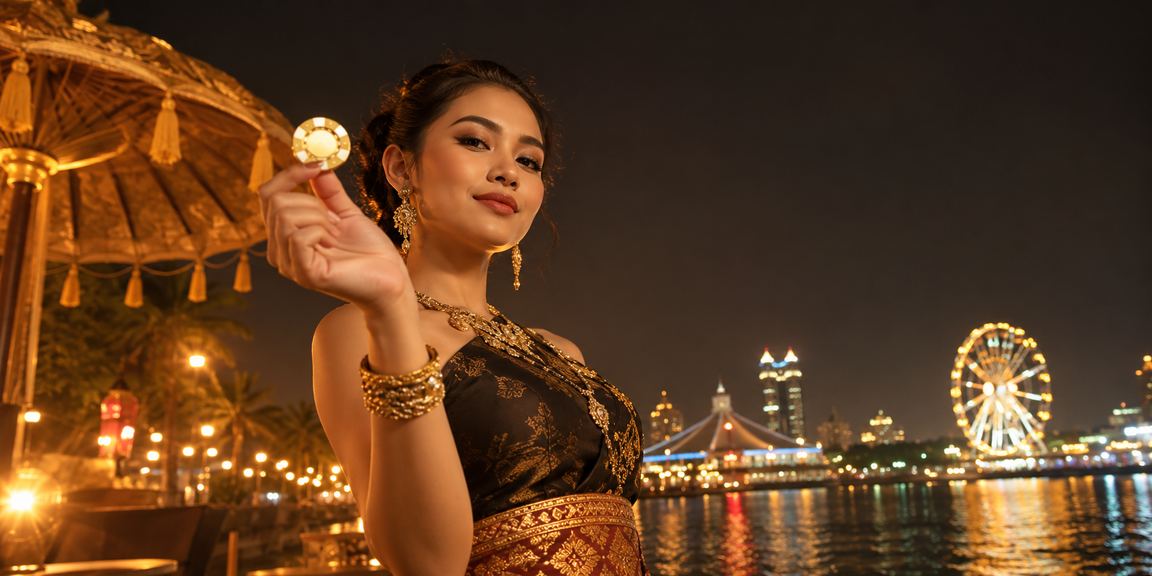 Suasana hiburan kasino mewah di pantai dengan pencahayaan elegan dan nuansa premium