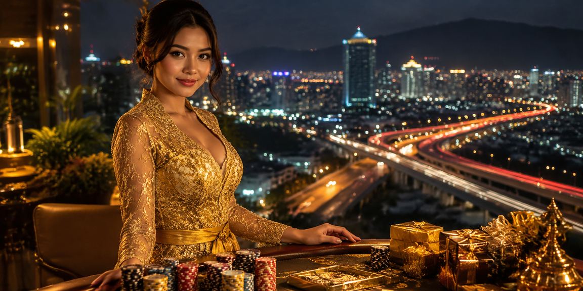 Model Vietnam berpose elegan di kasino mewah dengan pencahayaan dramatis dan dekorasi premium