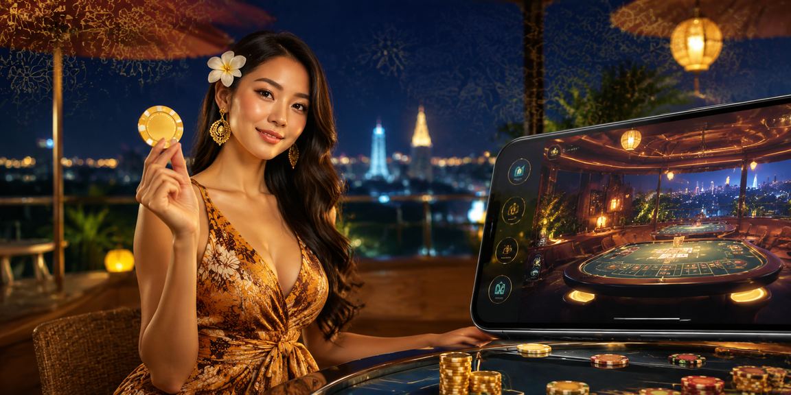 Model Vietnam memainkan kasino mobile dengan ekspresi antusias dan pencahayaan neon dramatis